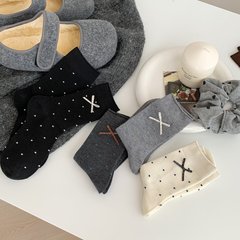 秋冬袜子女羊毛袜灰色波点袜子中筒袜蝴蝶结堆堆袜学生长袜秋冬