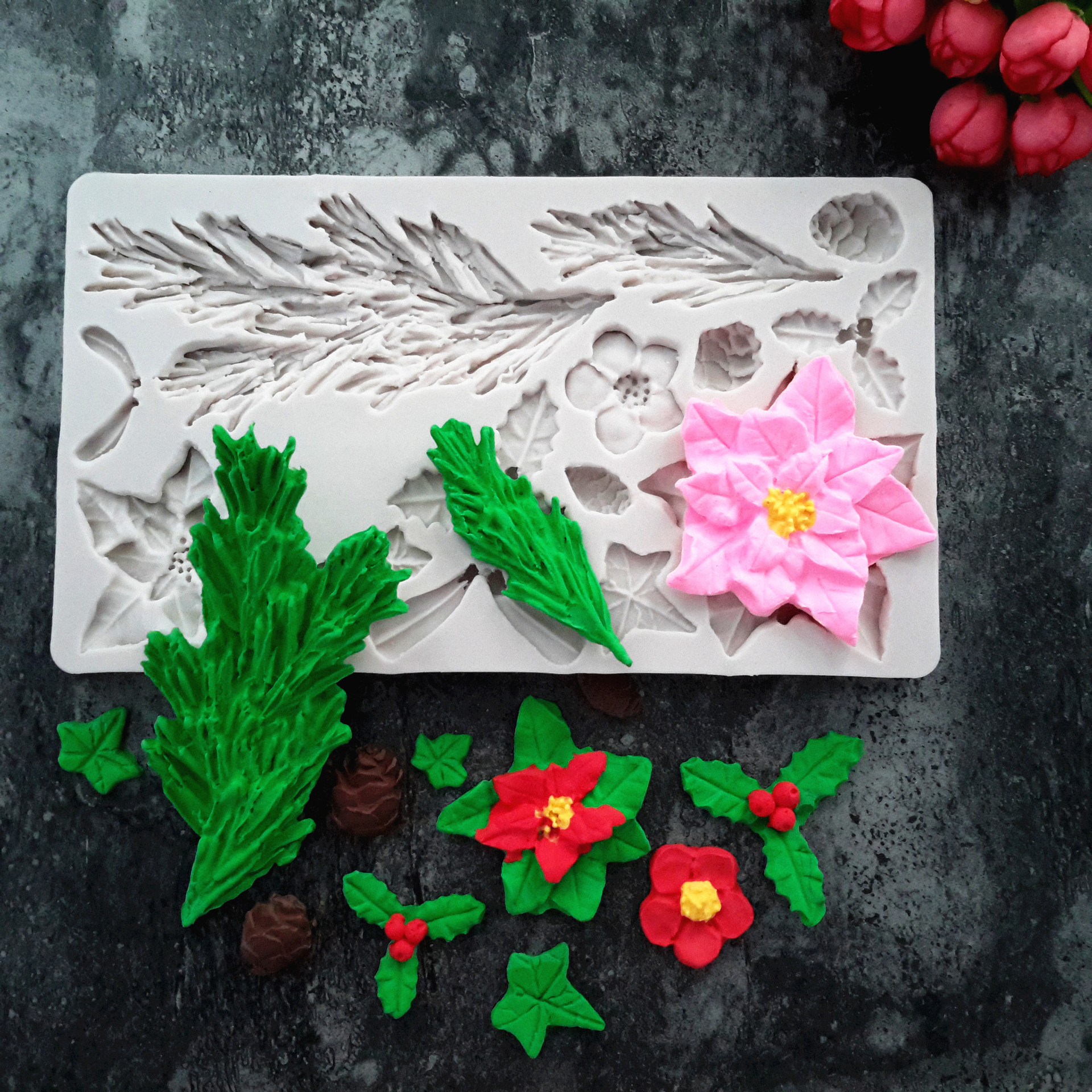 Fondant molde de silicona Flor de Navidad deja molde de pastel molde de chocolate de ritmo seco molde de arcilla ultraligera