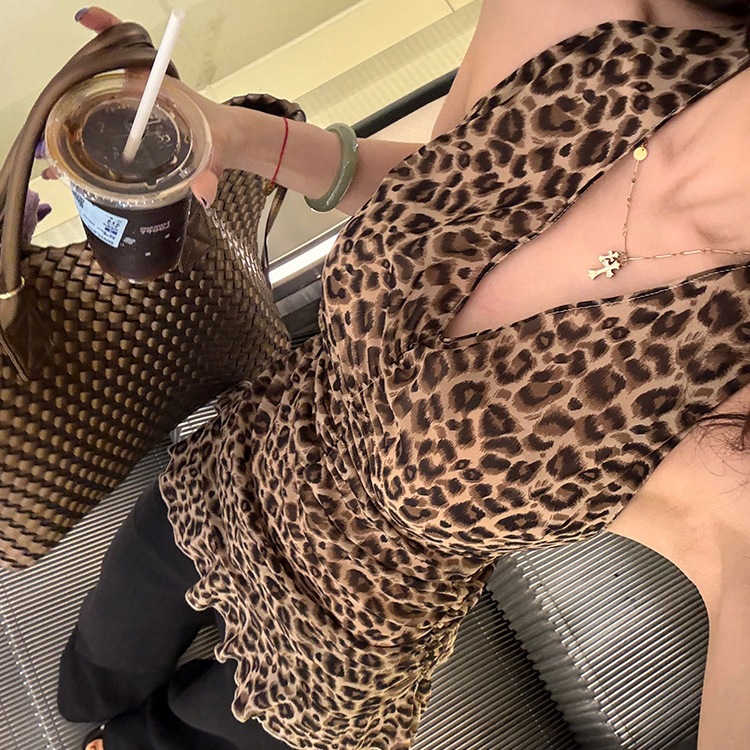 [오리지널 메쉬] 홀터넥 캐미솔 여성 여름 백리스 핫걸 탑 여성 레오파드 프린트 민소매 티셔츠