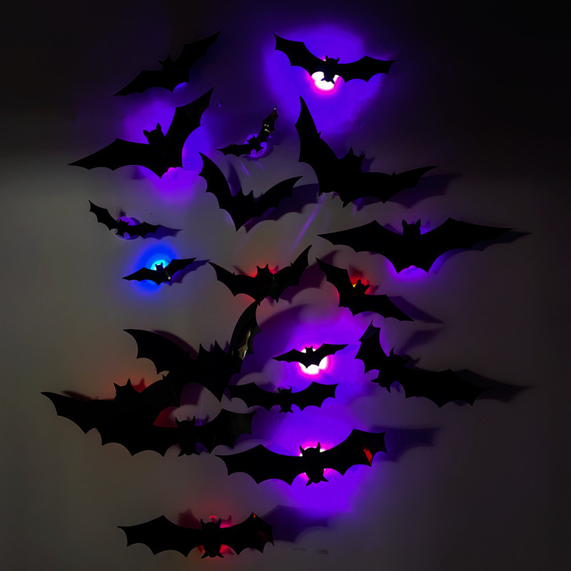 新しいハロウィン夜光コウモリ3D立体黒コウモリウォールステッカー、ハロウィンパーティーの雰囲気作りに光るコウモリ|undefined