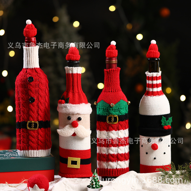外贸热款圣诞节装饰用品针织酒瓶套毛线香槟酒套圣诞雪花红酒套
