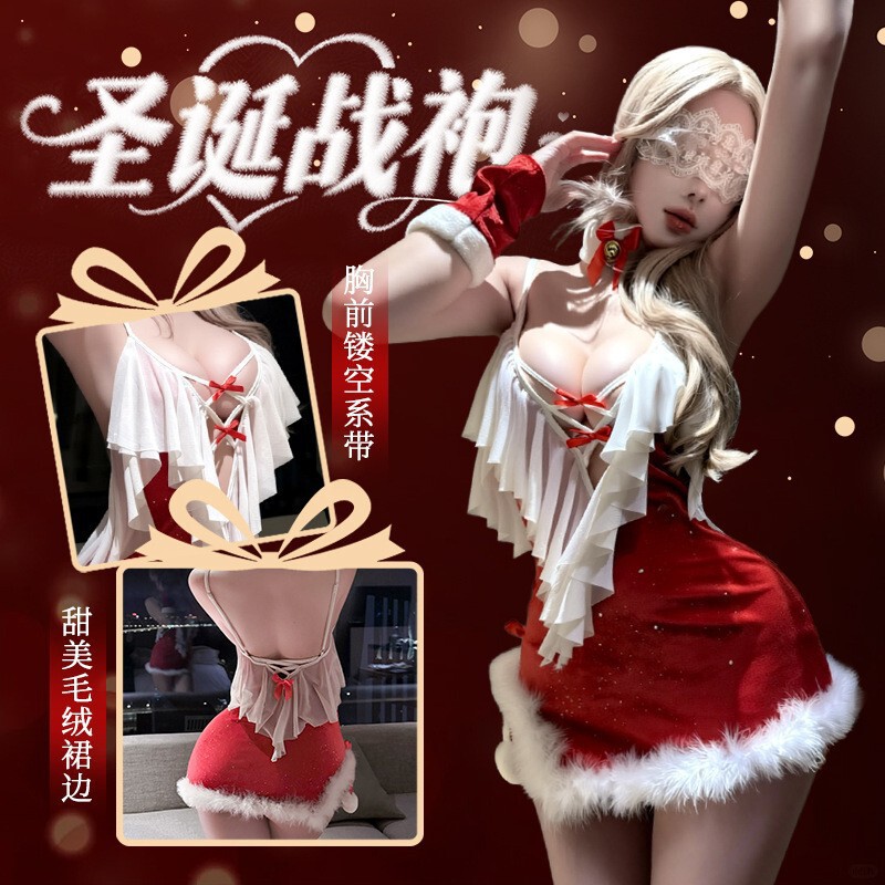 Christmas-themed lingerie, sexy red bunny girl costume, alluring cut-out design with straps, backless, role-playing outfit
