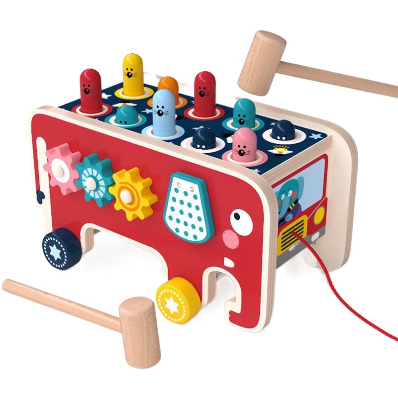 Los niños educativos doble martillo digital computación hámster juguete de madera elefante de los niños arrastrando y golpeando juego de hámster