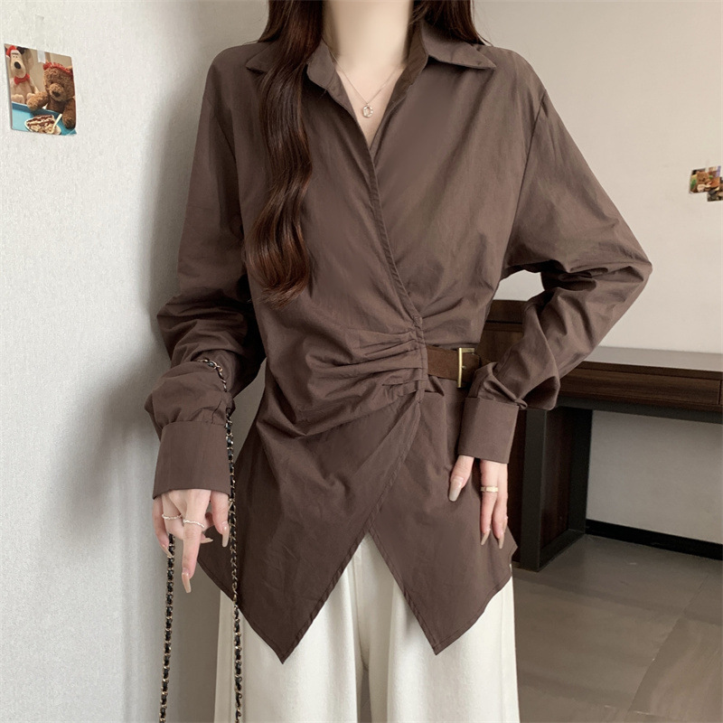 2025秋新款翻领皮扣收腰显瘦长袖衬衫女高级感轻奢减龄洋气A6836|undefined