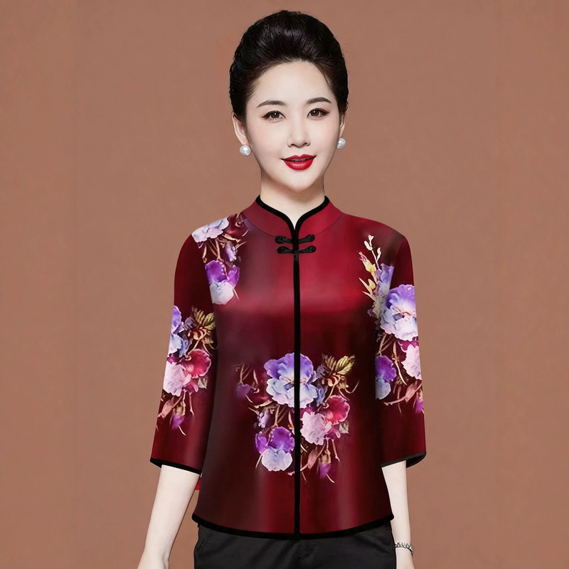 Three-Quarter Sleeve Improved Cheongsam with Traditional Chinese Style Button-Down T-Shirt for Women, Retro Print Ethnic Style Loose Slimming Top for Women