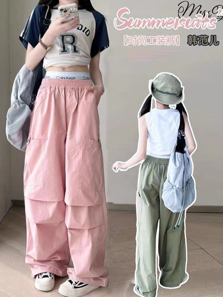 Girls' cargo pants, 2026 summer new style, straight leg and jogger pants for older girls and junior high school students, casual pants for middle school students and children.