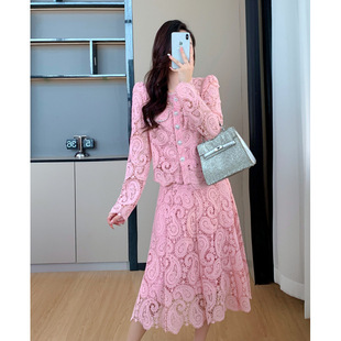 Cross-Border 2025 Spring and Summer New Water-Soluble Flower Lace Puff Sleeve Suit French Socialite Style Top and Skirt