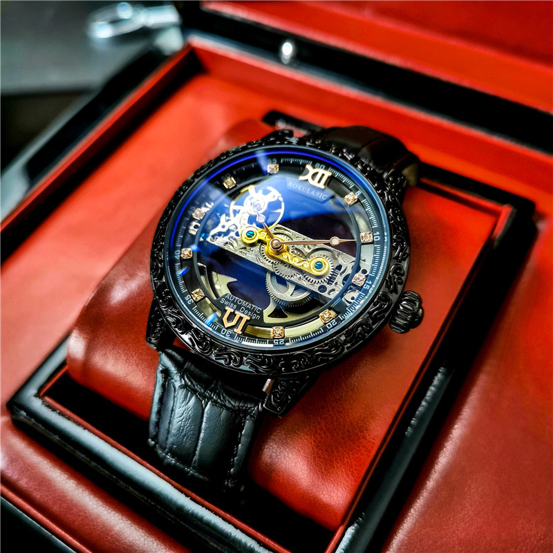 Oglas AOKULASIC reloj mecánico automático de los hombres de doble cara hueco tallado vintage impreso reloj 2120