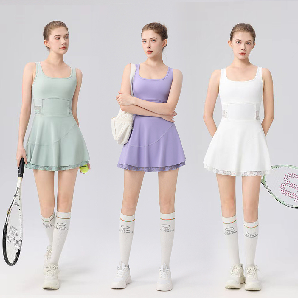 Solid Color Lace Patchwork Cross-Back Tennis Dress Casual Sports Badminton Anti-Exposure Two-Piece Short Skirt Set