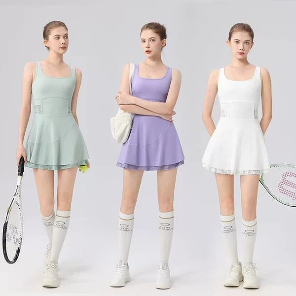 Solid Color Lace Patchwork Cross-Back Tennis Dress Casual Sports Badminton Anti-Exposure Two-Piece Short Skirt Set
