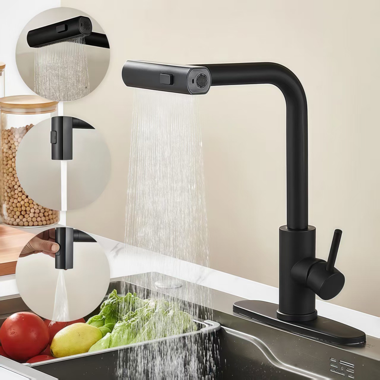 外贸不锈钢冷热抽拉飞雨瀑布龙头家用洗碗池洗菜盆水槽厨房水龙头