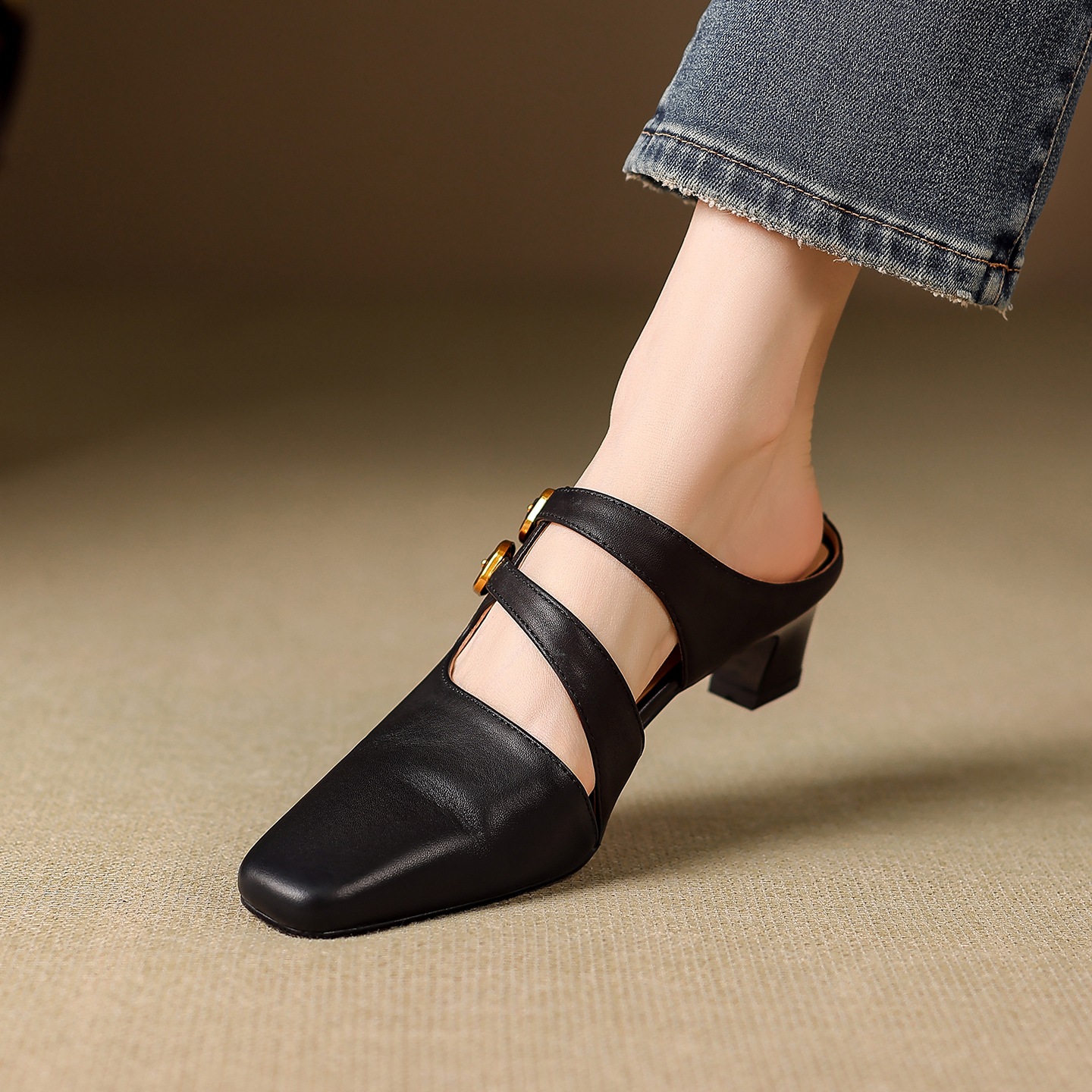 Sandal nữ quai ngang gót vuông ổn định, da bò thật, khóa sau, phong cách Muller — đen