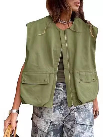 Amazon transfronterizo 2025 Europa y los Estados Unidos nueva moda sin mangas bolsillo versión suelta chaleco de cremallera de color sólido chaqueta de mujer image 11