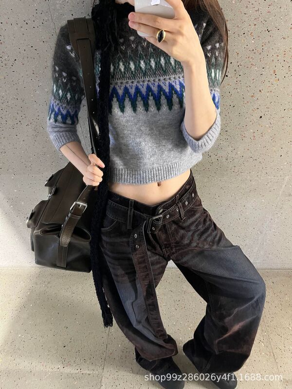 南油品质费尔岛提花针织八分袖短款套头毛衣女上衣25秋冬新|undefined