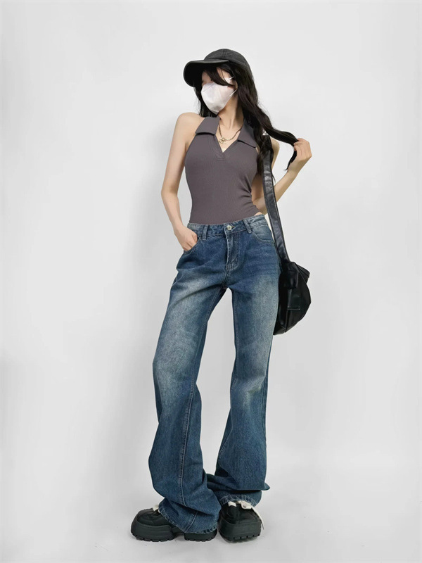 Retro denim autumn demi-season fitted trousers