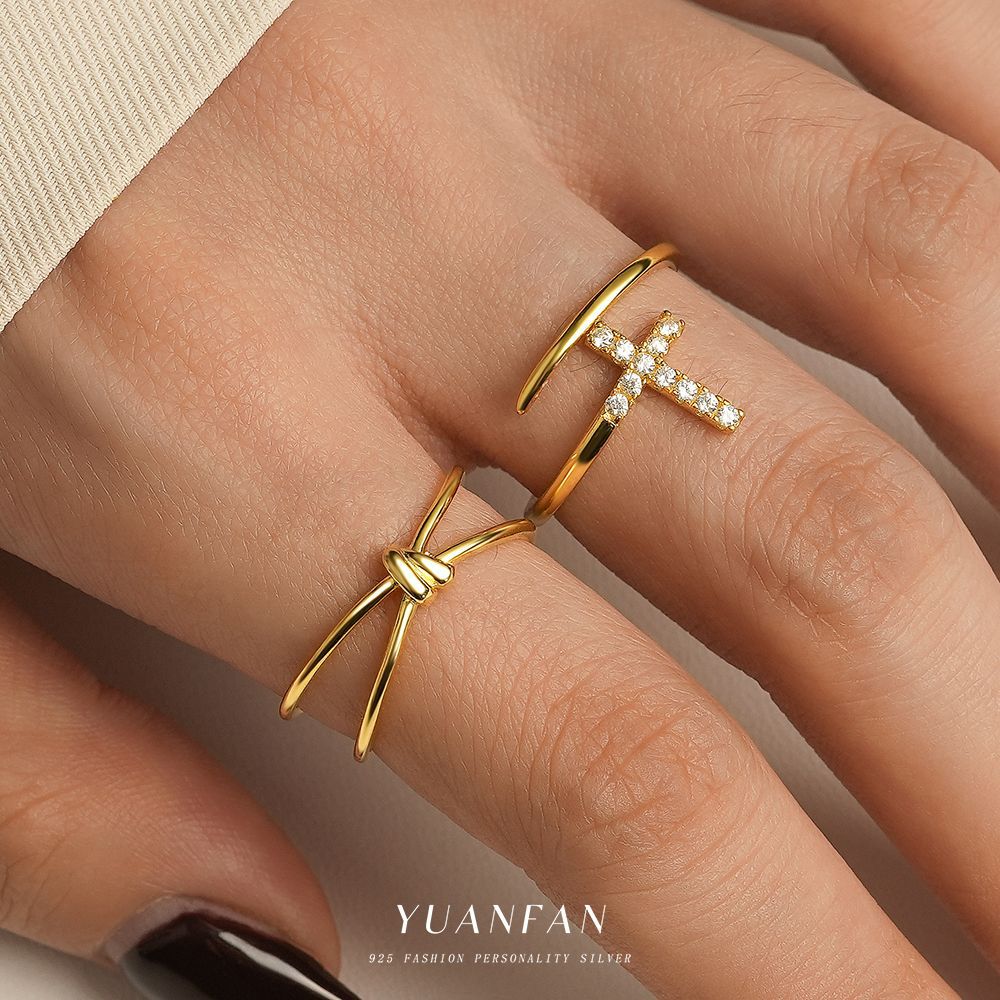 2g Weight Electroplated Gold Plating Process Open Rings, Rings Classification Adjustable Ring Size 1 Piece Quantity Date, Tea Party Occasion 925 Sterling Silver Material Geometric, Cross Pattern All Seasons Season Women's Gender Casual, Simple Style Style 1 Piece 925 Sterling Silver Geometric Cross Electroplated Open Rings Rings 2