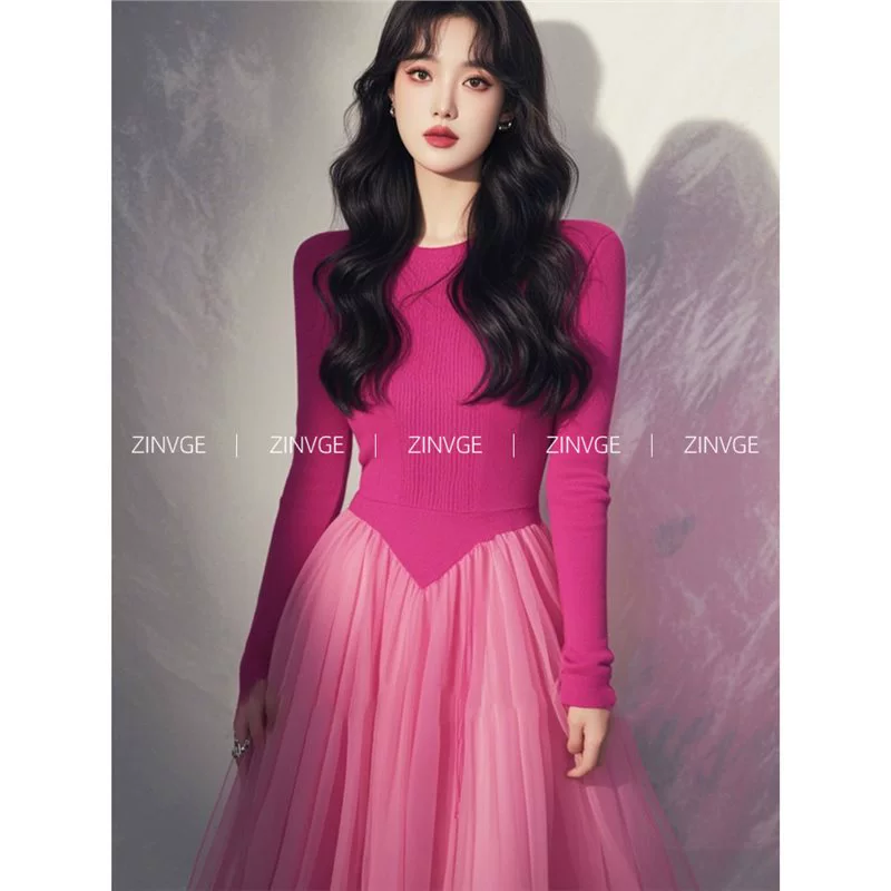 YT408347 Дорогой носить розовое вязаное сшитое платье дети 2025 новый стиль ранней весны