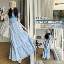 女童夏季套装2025新款时尚女孩韩系昨天的洋气露背背心格子长裙潮