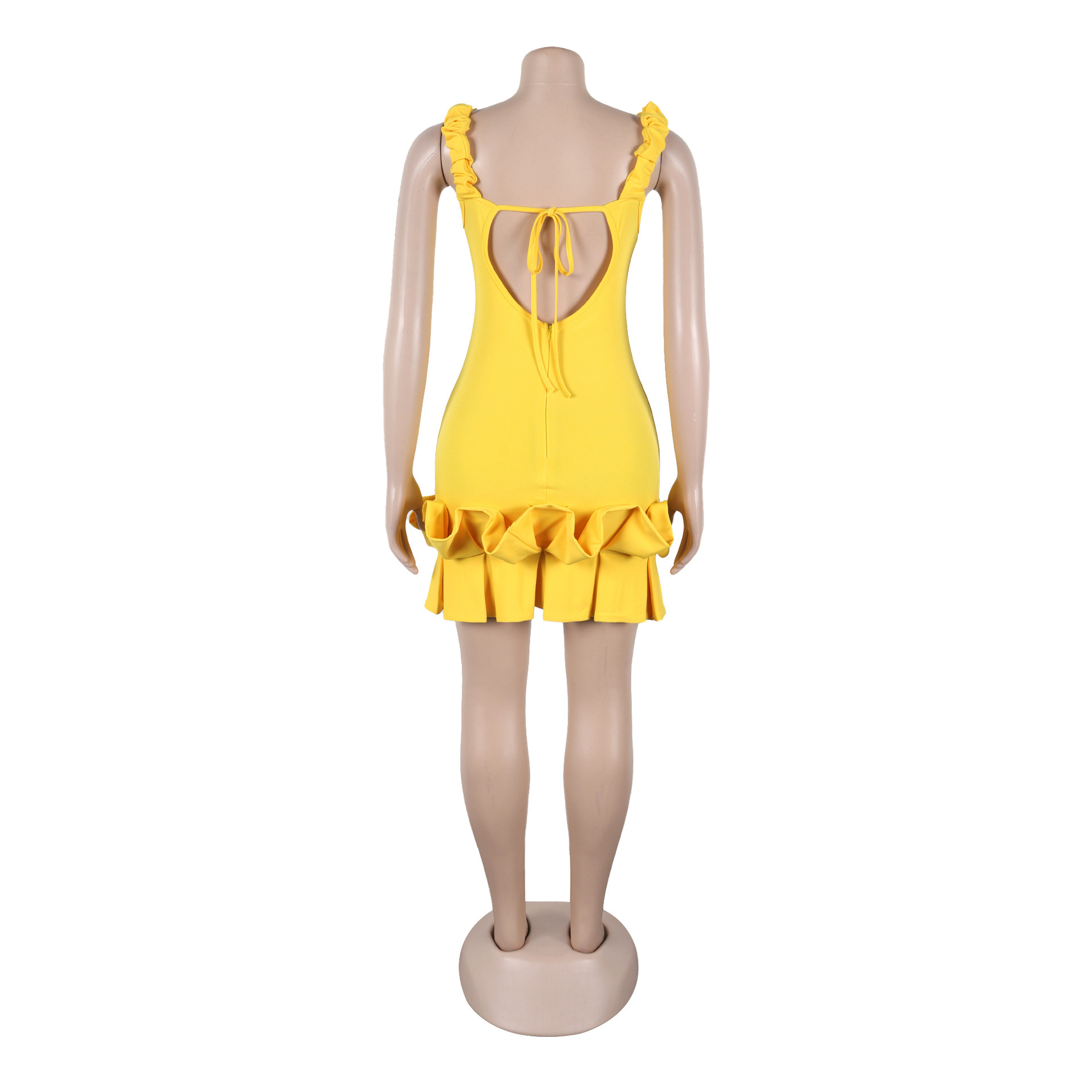 Women's Clothing Elastic Waist Pleated Lace Backpack Dress Hip-Fitting With Solid Color_ecoleips.com