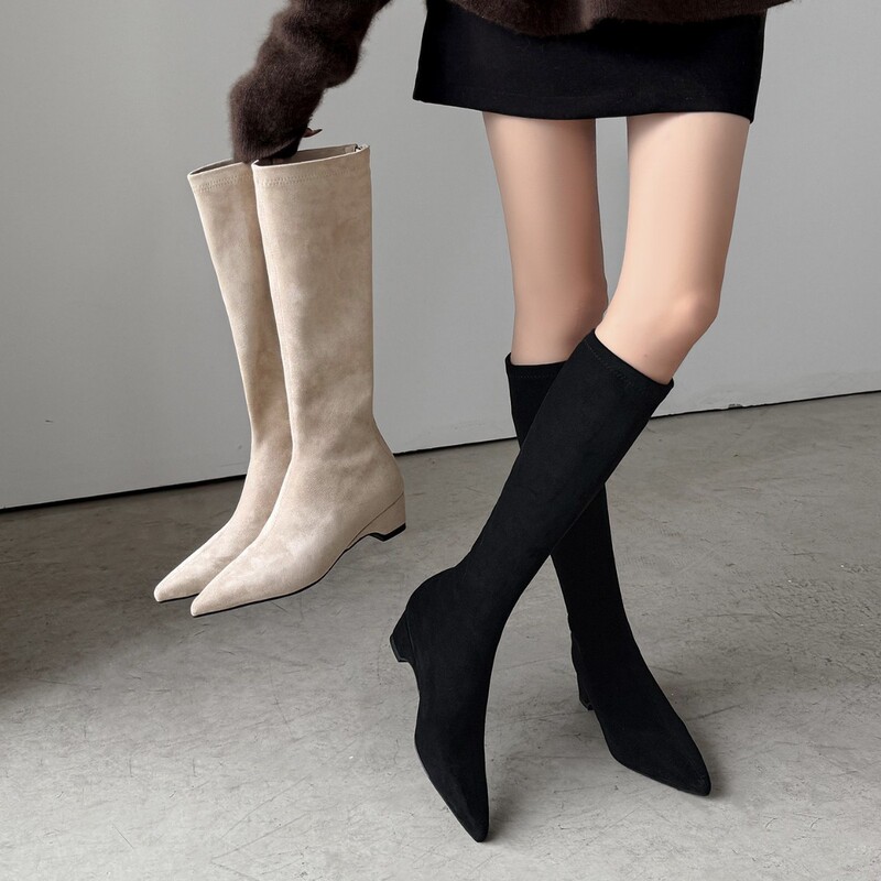 Gentle Cream-Colored Slimming Boots~Suede Pointed-Toe Stretch Boots for Women, High-Tube Slimming Boots, Versatile Mid-Thick Heel Long Boots Gentle Cream-Colored Slimming Boots~Suede Pointed-Toe Stretch Boots for Women, High-Tube Slimming Boots, Versatile Mid-Thick Heel Long Boots
