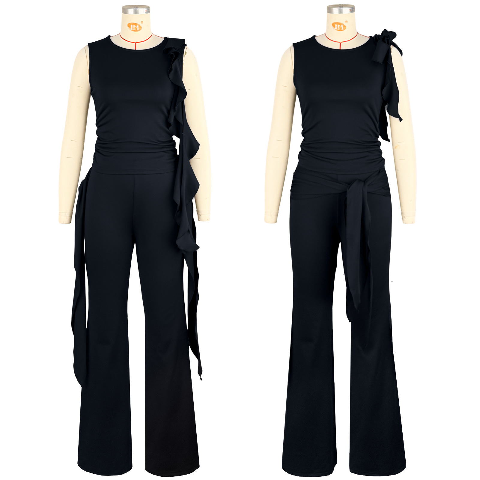 Women's Solid Colour Ruffled Slim Fit Flared Trouser Set Casual_voghion.com