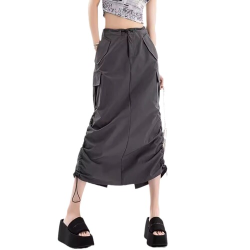 American-style cool and trendy girl's quick-drying, wrinkle-resistant drawstring work skirt—summer vintage loose-fitting casual straight-leg skirt with a back slit.
