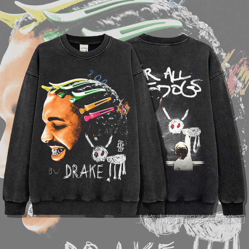 BC Retro Hip Hop Duck DRAKE Printed Crewneck Sweatshirt Vintage Washed Heavy 420G Batik Sweatshirt