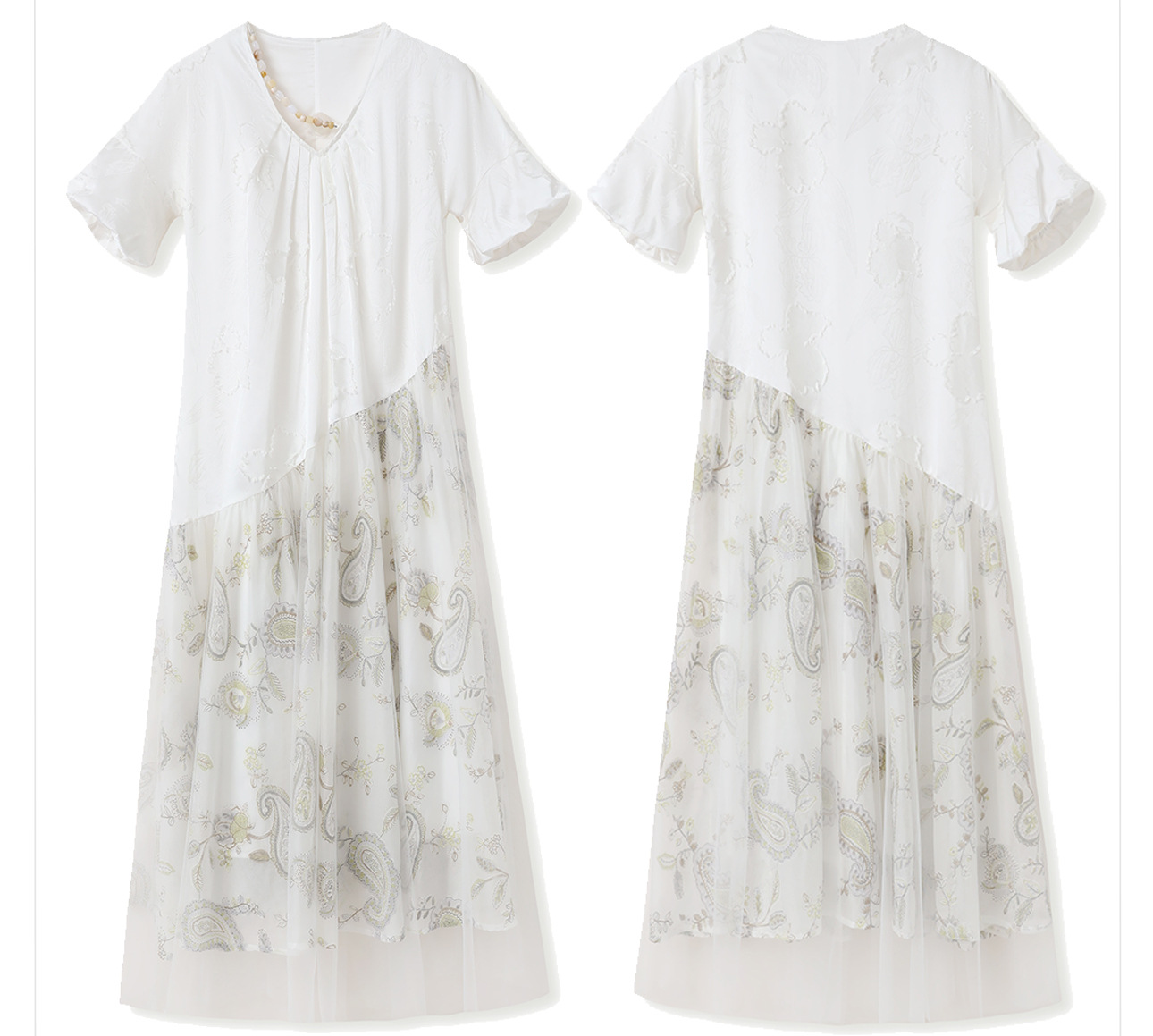 Váy maxi nữ phối hoa phong cách quốc gia cao cấp, chất rayon sang trọng, tay ngắn, thắt eo — Màu trắng, Màu mơ cà phê chi tiết 9