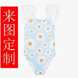 INS新款儿童泳衣女童翅膀连体菊花天蓝色泳衣防晒UPF50+实体工厂