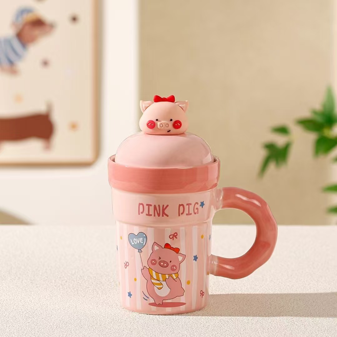 Taza de dibujos animados creativos Taza de cerámica con tapa Taza de agua de pareja para niñas Regalos de mano Taza de marca de alto valor Juego para el hogar
