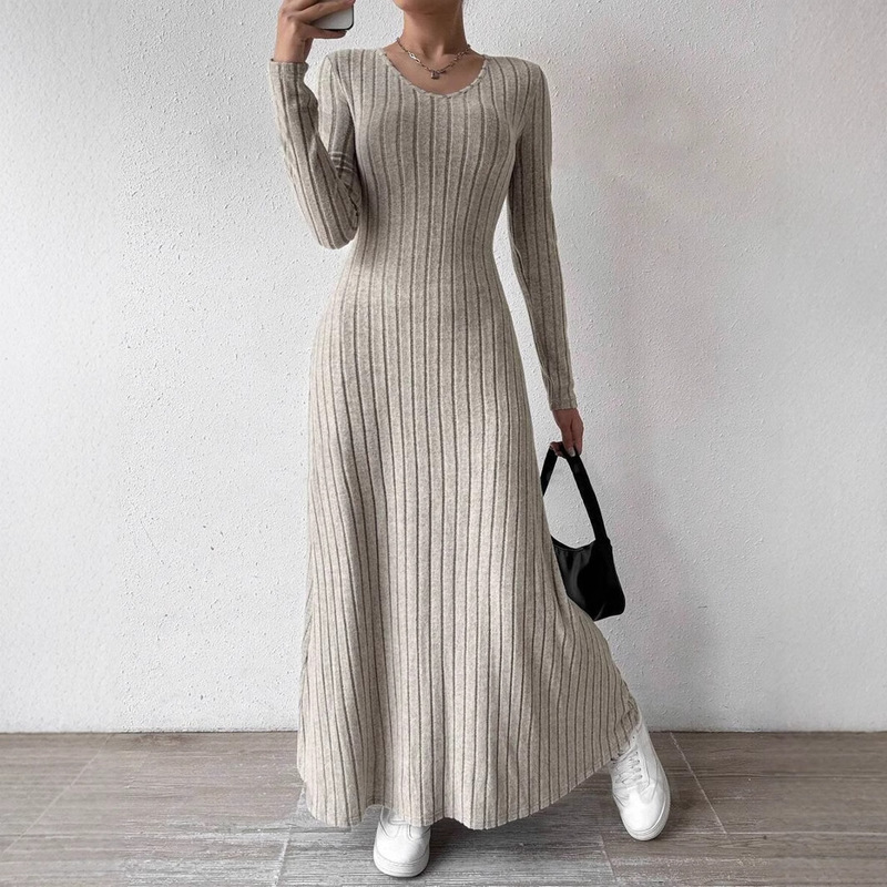 European and American Cross-Border Amazon Dress Slim Fashion Women's Knitted Pure Color Long-Sleeved A-Line Street Long Skirt for Women European and American Cross-Border Amazon Dress Slim Fashion Women's Knitted Pure Color Long-Sleeved A-Line Street Long Skirt for Women