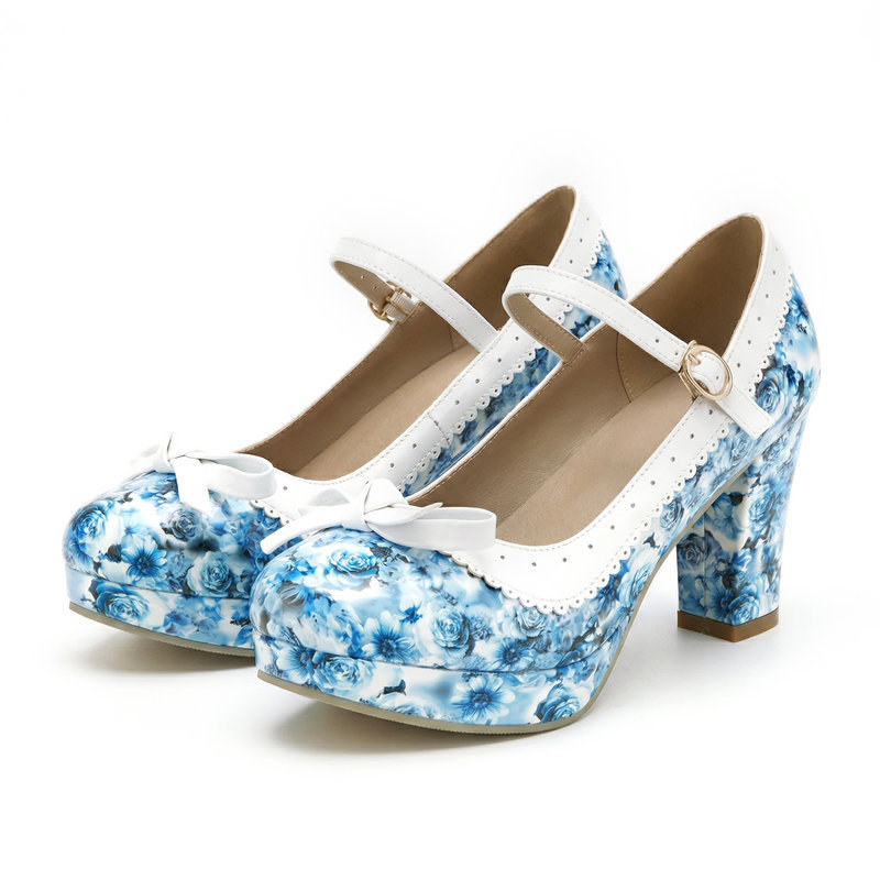 Mary Jane Women's Shoes, Printed Patent Leather Chunky High Heels, Cute Bowknot, One-Strap Fashion Shoes, Spring and Autumn Women's Shoes