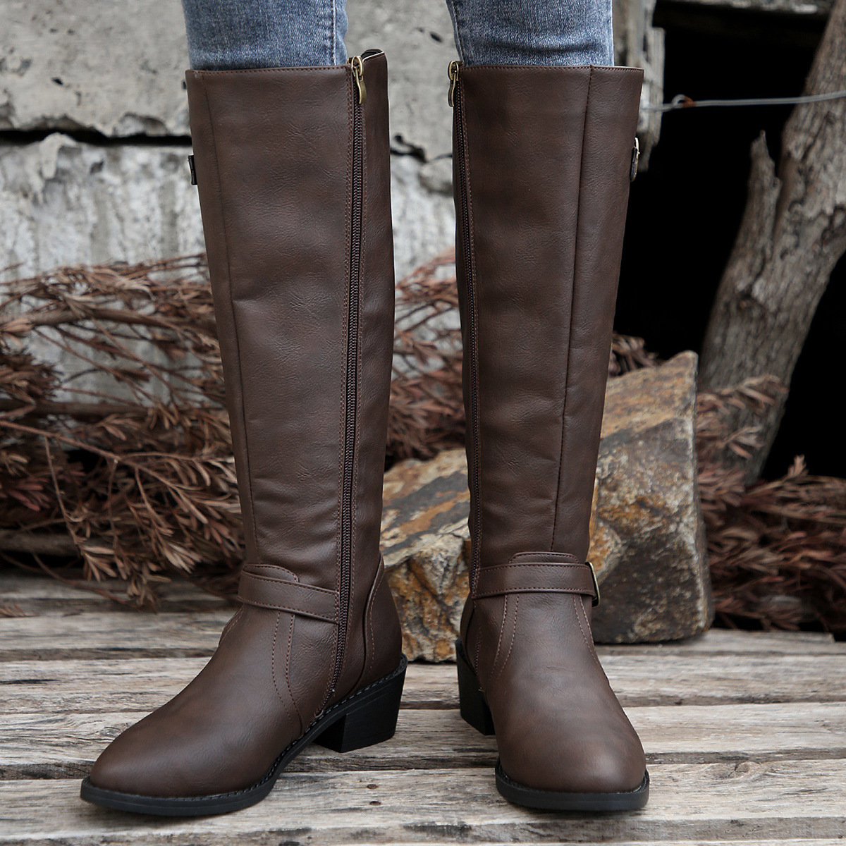 New big size round head solid color belt buckle big size heel knight boots woman_voghion.com