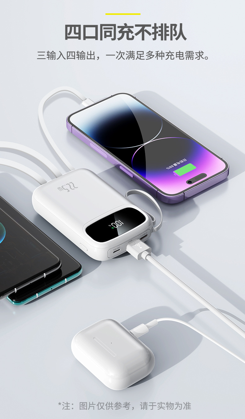 3C-Zertifizierung 22,5W Super-Schnellladung Mini-Powerbank mit integriertem Kabel 20000mAh Kapazität mobile Stromversorgung Blitzladung