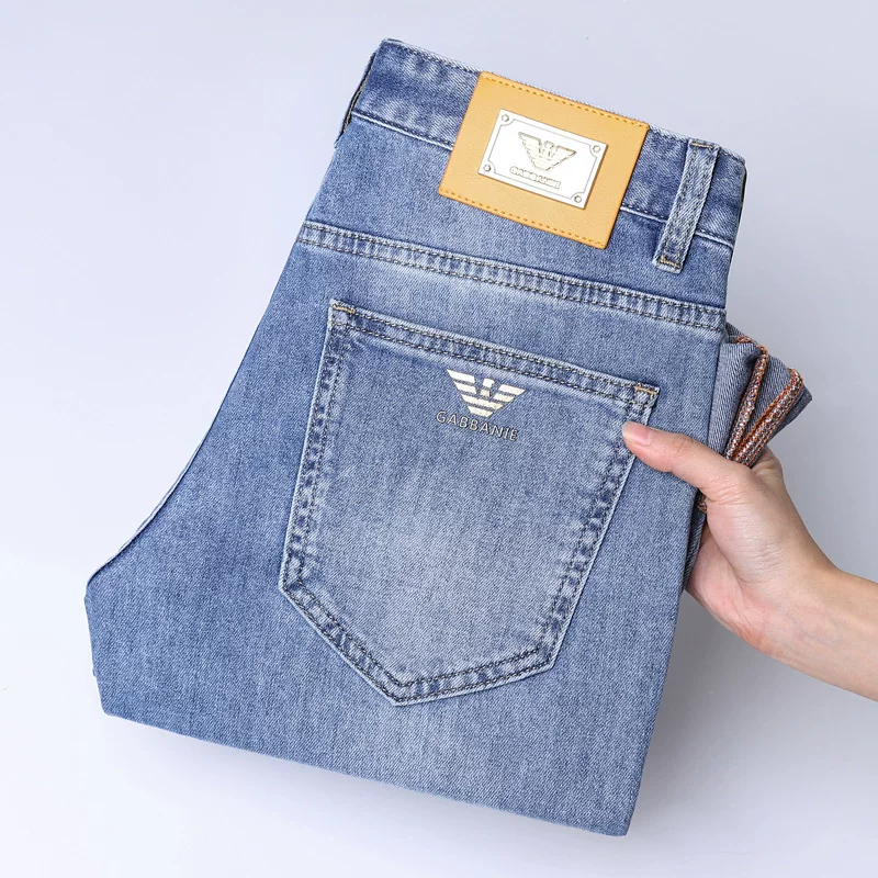Elastic thin blue jeans, stretch slim fit, light wash, sizes 28–38