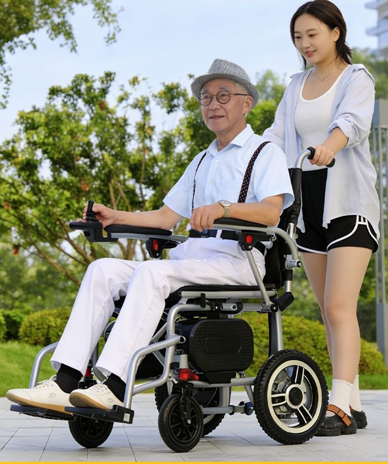 Aibangning electric wheelchair is a new portable, original-style, foldable mobility aid designed for the elderly to assist them in walking when they go out