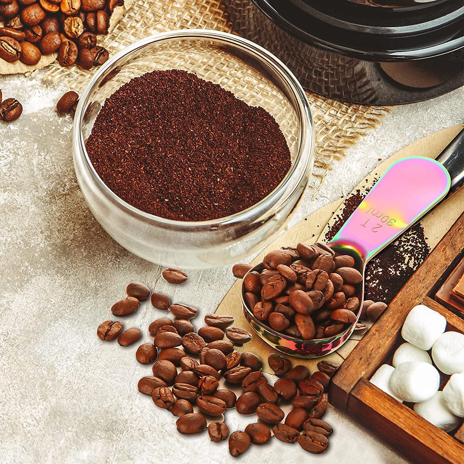 Cuchara de café de acero inoxidable 304 caliente transfronteriza de metal mango corto cuchara de medición de café con cuchara de medición de escala traje cuchara de leche en polvo