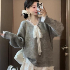 灰色设计感蕾丝拼接蝴蝶结长袖毛衣针织衫女秋季休闲宽松气质上衣
