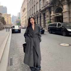 【烟灰曼塔】大翻领毛呢外套女长款宽松慵懒双面羊绒大衣秋冬新品