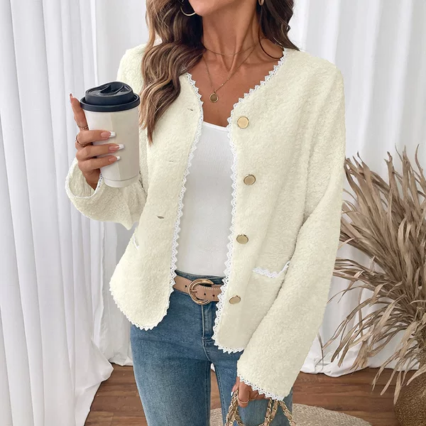 Cross-Border Women's Lace Patchwork Jacket Autumn and Winter Amazon European and American Fashion Elegant Lamb Wool Cardigan