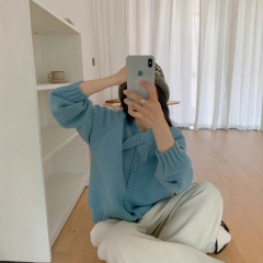 设计感围巾圆领两粒扣毛衣外套女秋冬新款宽松纯色针织开衫上衣厚