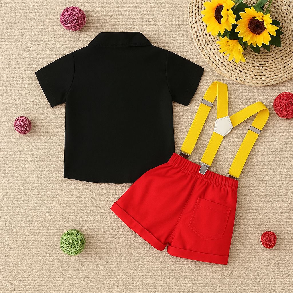 Jongenspak Modieus Kindercontrastkleur Herenpak Zwart Overhemd + Overall Rode Broek 3-delige Set_voghion.com