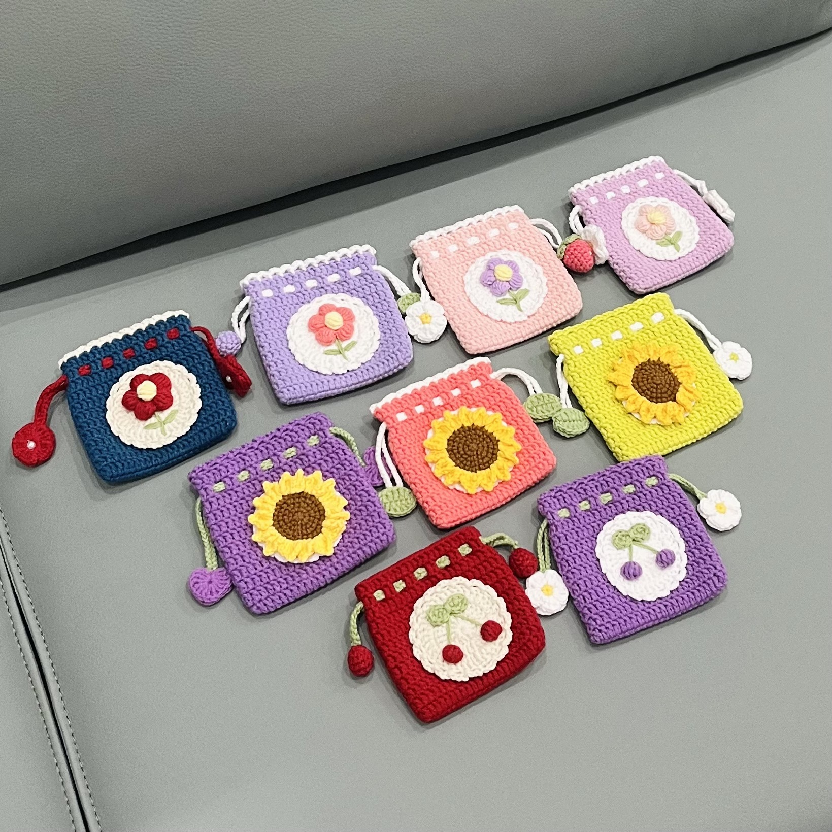 Hermosa bolsa de cambio tejida a mano, gancho de lana tejida, bolsa de bolsillo mini bolsa de cambio, productos terminados