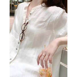 春季慵懒自在~复古银扣中式禅意风白色亚麻防晒衬衫外套
