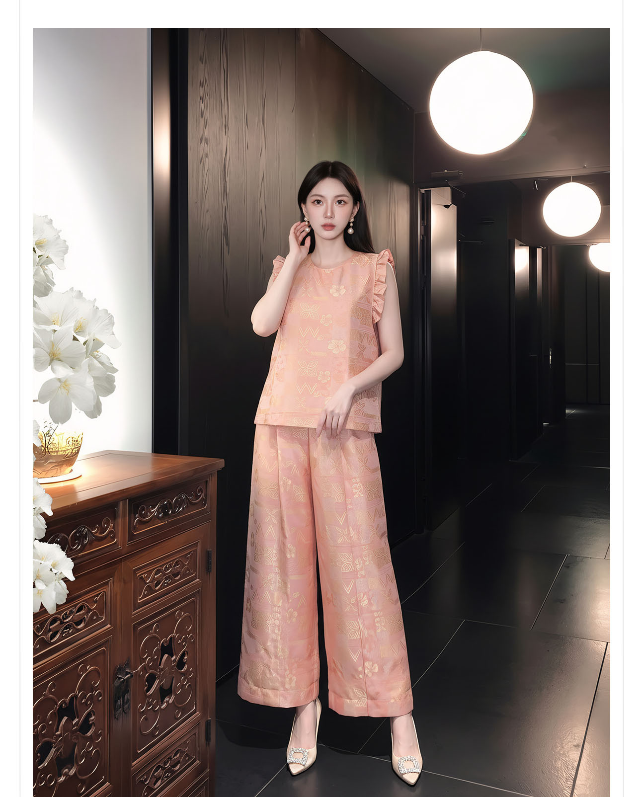 Bộ đồ nữ mùa hè phong cách tân trung hoa áo tay lửng phối quần ống rộng họa tiết jacquard — Trang chủ, bộ đồ, Quần dài chi tiết 8