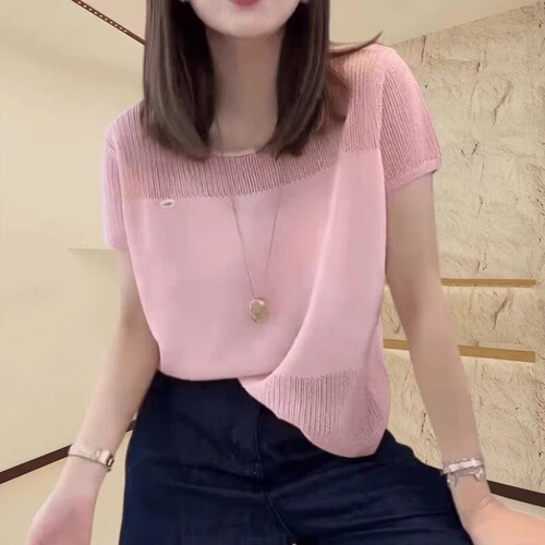 Ice silk thin hollow sweater knitted short-sleeved women's 2025 new summer loose unique beautiful gray top