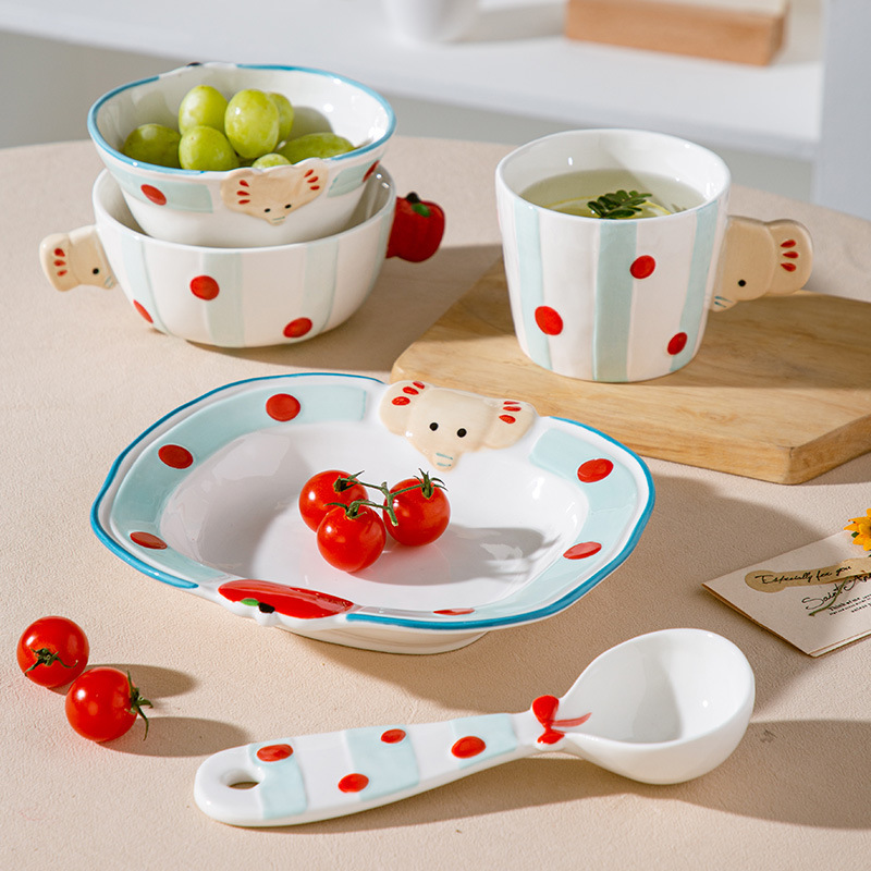 卸売アダム漫画かわいい象セラミックボウル家庭用高価値食器ライスボウルサラダボウル一人用食事セット|undefined