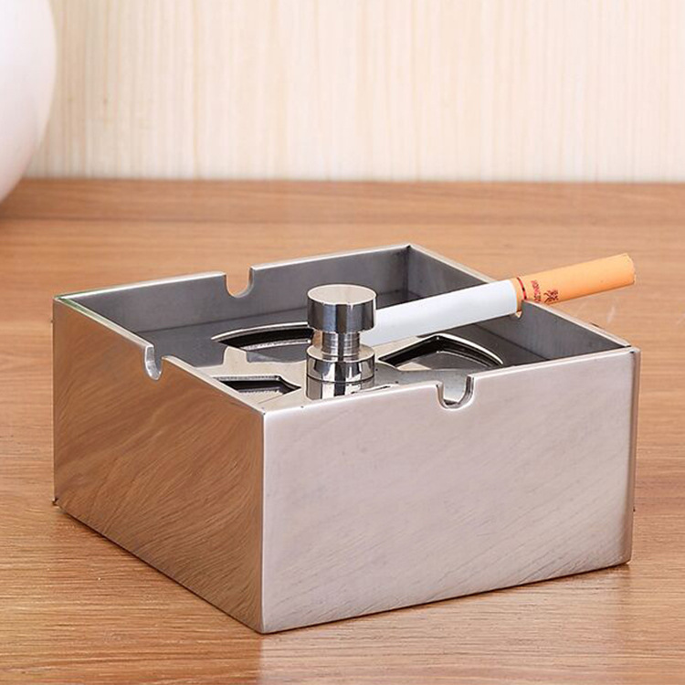 Square Stainless Steel Ashtray Thickened Creative Cover Personalized Sealed Living Room Bedroom Windproof Household Cigarette Cup Ornaments