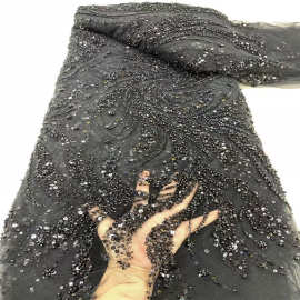 欧美时尚珠子绣几何花型礼服婚纱面料薄纱蕾丝刺绣珠管晚礼服面料