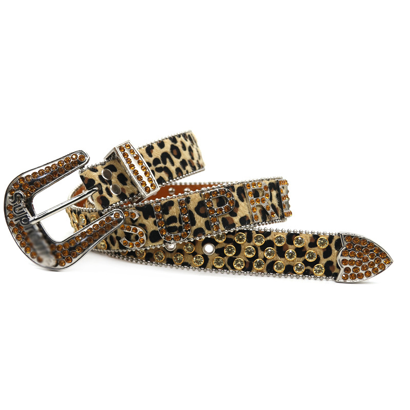 Guangzhou cinturón de diamante masculino, cinturón de leopardo femenino, moda punk, personalidad, letras, tendencia, cinturón de accesorios supremos
